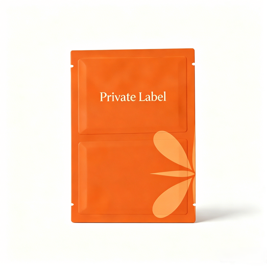 Private Label Astaxanthin Iced Coffee Mask in orange sachet, showcasing peach velvet plant fiber cloth for cooling de-puffing