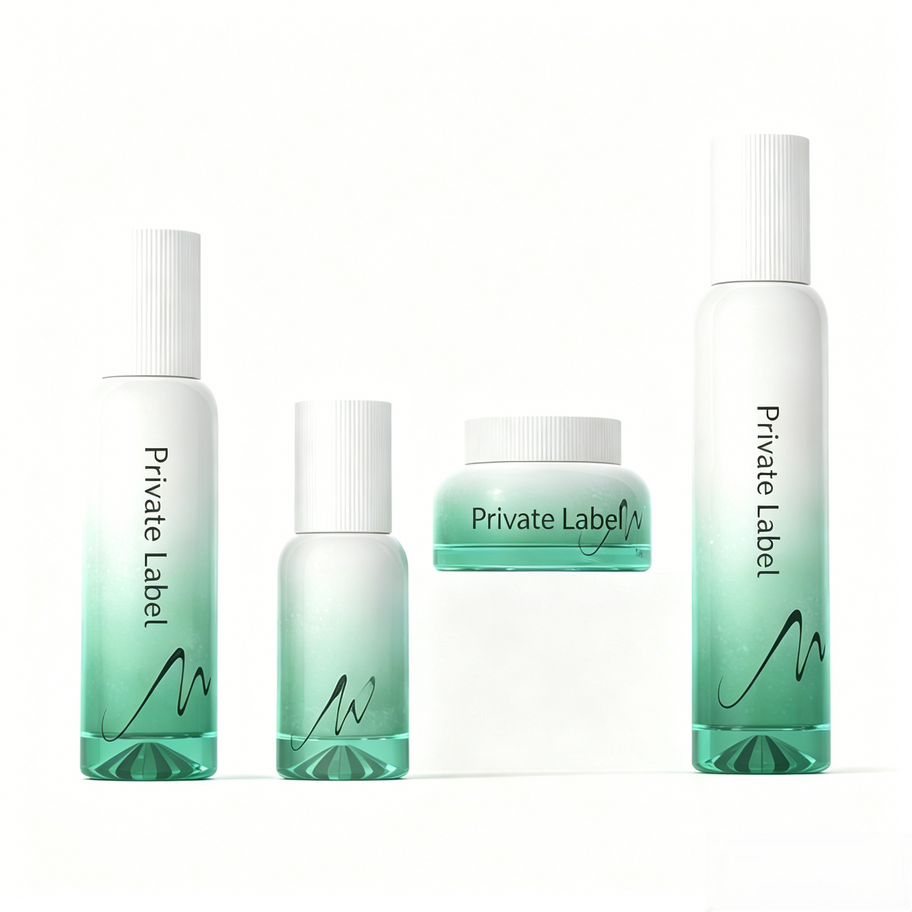 Private Label Nucle-peptide Age-Reverse Series bottles and jar, showcasing translucent green texture and white caps for anti-