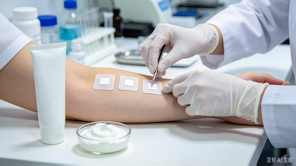 Gloved technician applying occlusion patch chambers to an adult forearm beside an unbranded baby lotion tube.