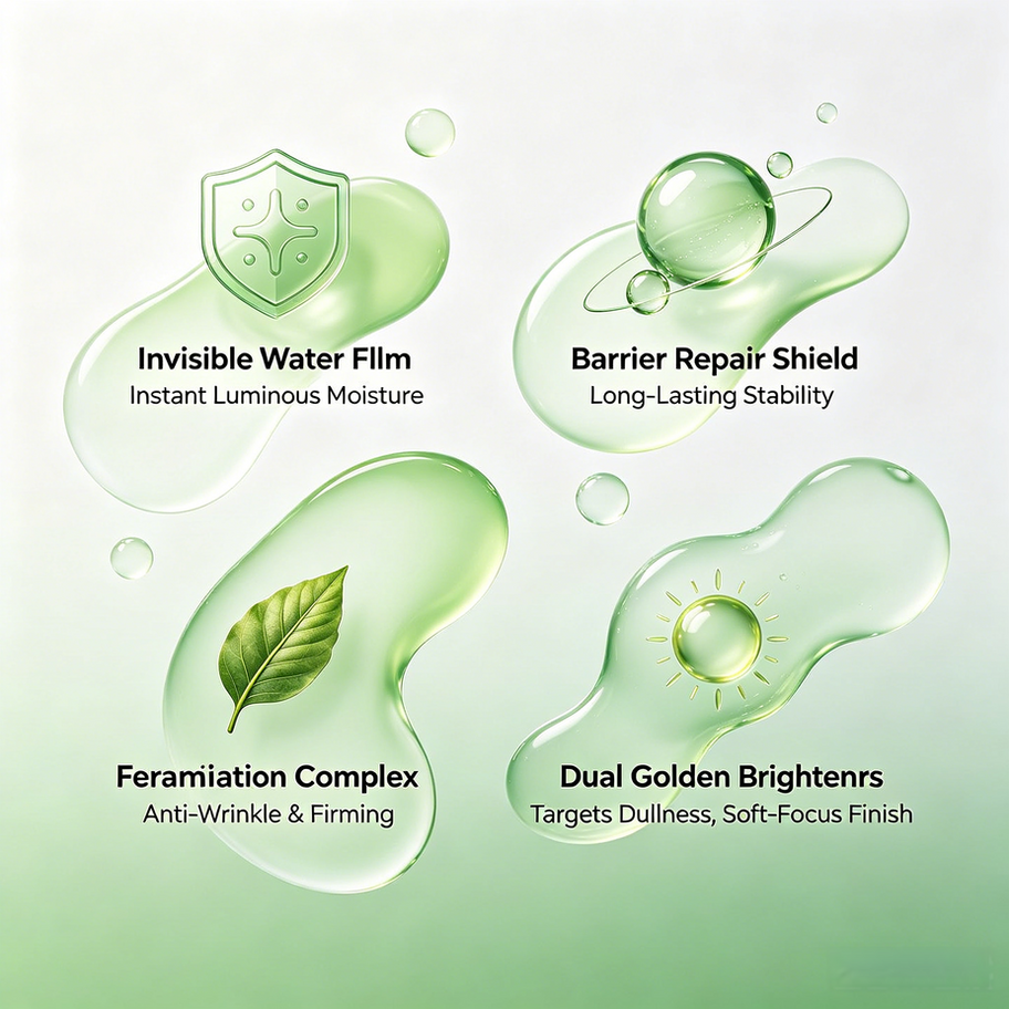 Luminous Hydration Hand Cream ingredients: invisible water film, barrier repair shield, feramiation complex, and dual golden 