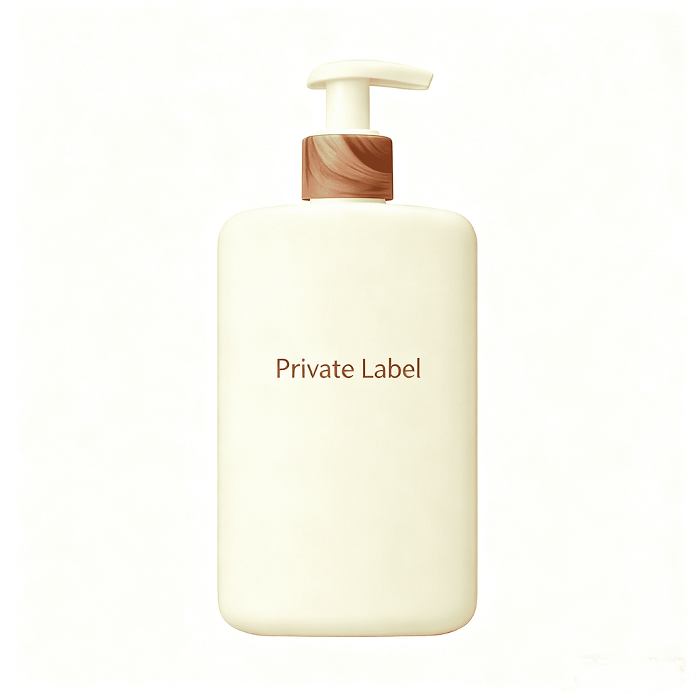 Private Label cream bottle with wood-look pump collar, showcasing elegant packaging for daily body sunscreen lotion.