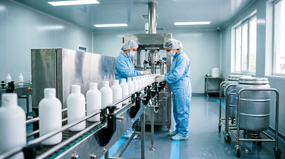 Filling line running at full speed inside a 100K-grade GMPC cleanroom with technicians handling unlabelled skincare bottles.