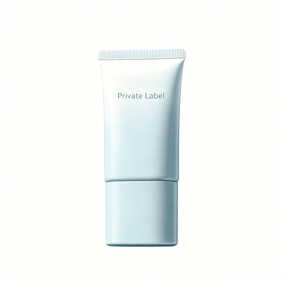 Private Label light blue tube showcasing sleek packaging for dual-certified whitening sunscreen SPF50 PA++++.
