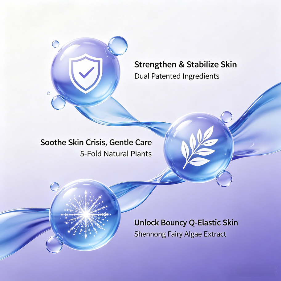 Starry Sky Sleeping Mask ingredients: dual patented ingredients, 5-fold natural plants, and Shennong Fairy Algae for Q-elasti