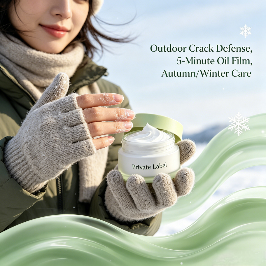Model holding Avocado Oil Chapped Cream outdoors in winter, demonstrating outdoor crack defense and 5-minute oil film for aut