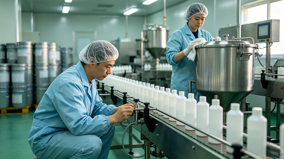Workers in blue uniforms filling white bottles on a conveyor belt in a clean GMPC certified cosmetics factory production line.