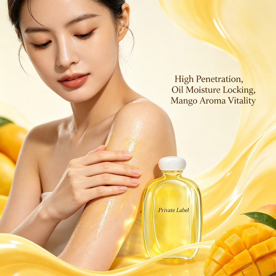 Model applying Private Label Mango Body Massage Oil, demonstrating high penetration, oil moisture locking, and mango aroma vi