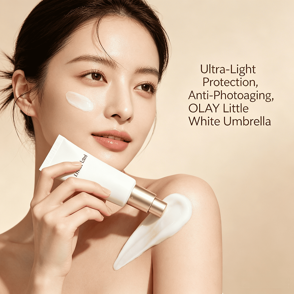 Model applying ultra-light sunscreen on face and shoulder, demonstrating non-greasy texture and anti-photoaging protection be