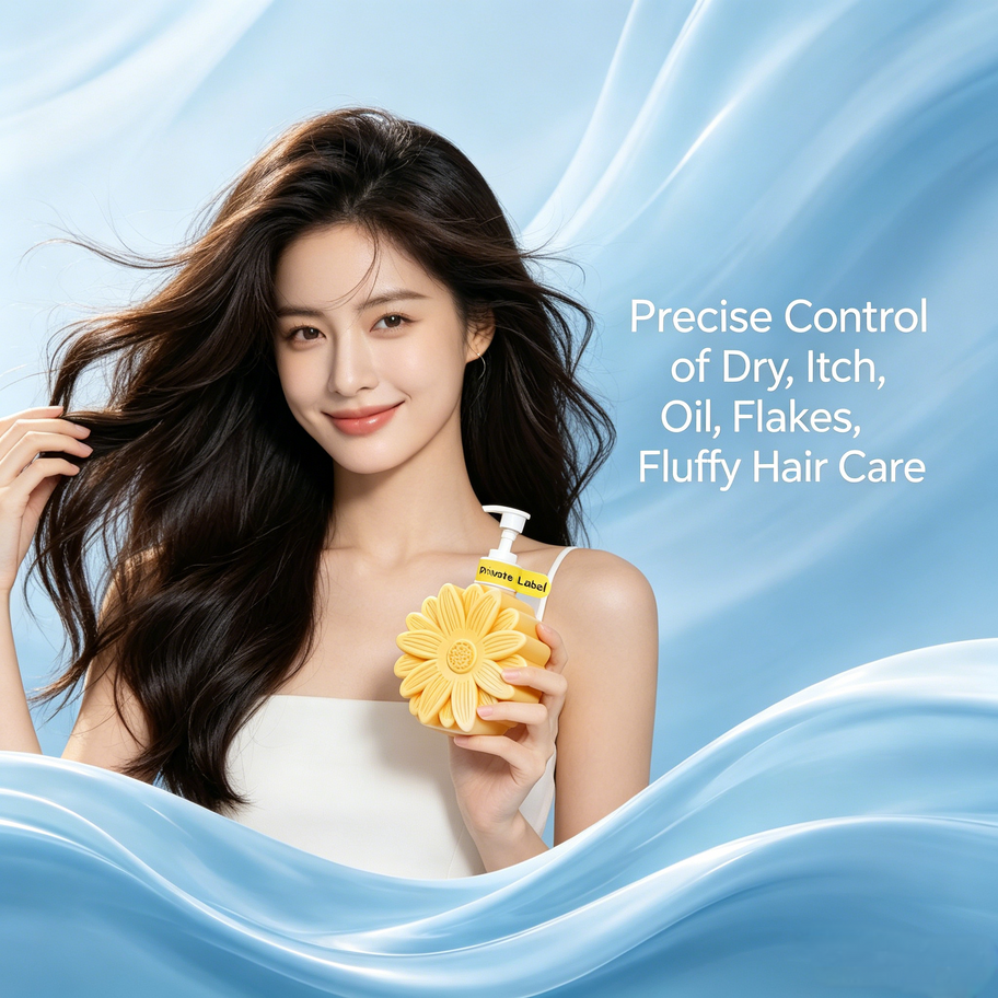 Model holding Chrysanthemum Anti-Itch Shampoo flower bottle, demonstrating precise control of dry, itch, oil, flakes for fluf