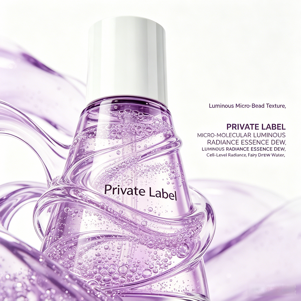 Luminous Radiance Essence Dew ingredients: native micro-molecules, micro-capsule oil beads, optical flower extract, and Frenc