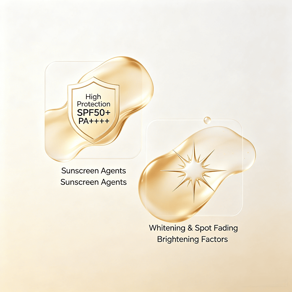 Infographic highlighting SPF50+ PA++++ sunscreen agents and whitening spot fading brightening factors for UV defense.