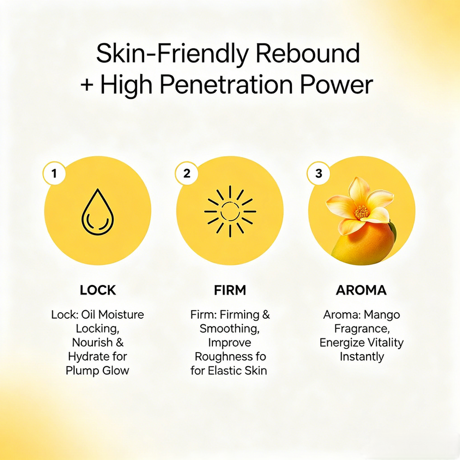 Chart showing Mango Body Massage Oil benefits: oil moisture locking, firming and smoothing for elastic skin, and mango aroma