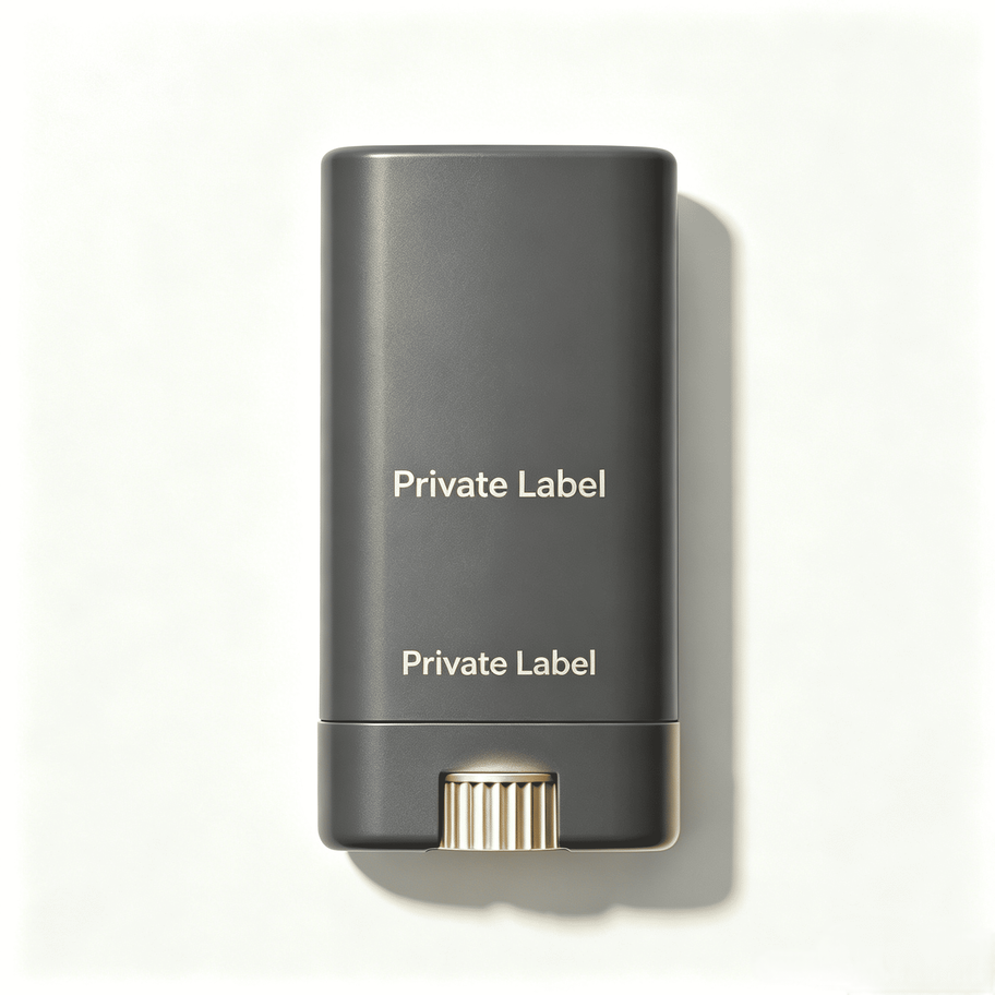 Private Label dark grey stick with gold twist-up, showcasing portable packaging for baby mineral sunscreen SPF50.