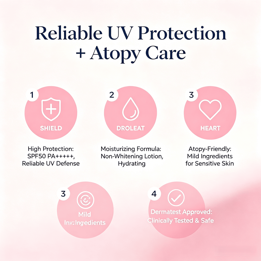 Chart showing Reliable UV Protection and Atopy Care: SPF50 defense, non-whitening lotion, and Dermatest approved mild sensiti