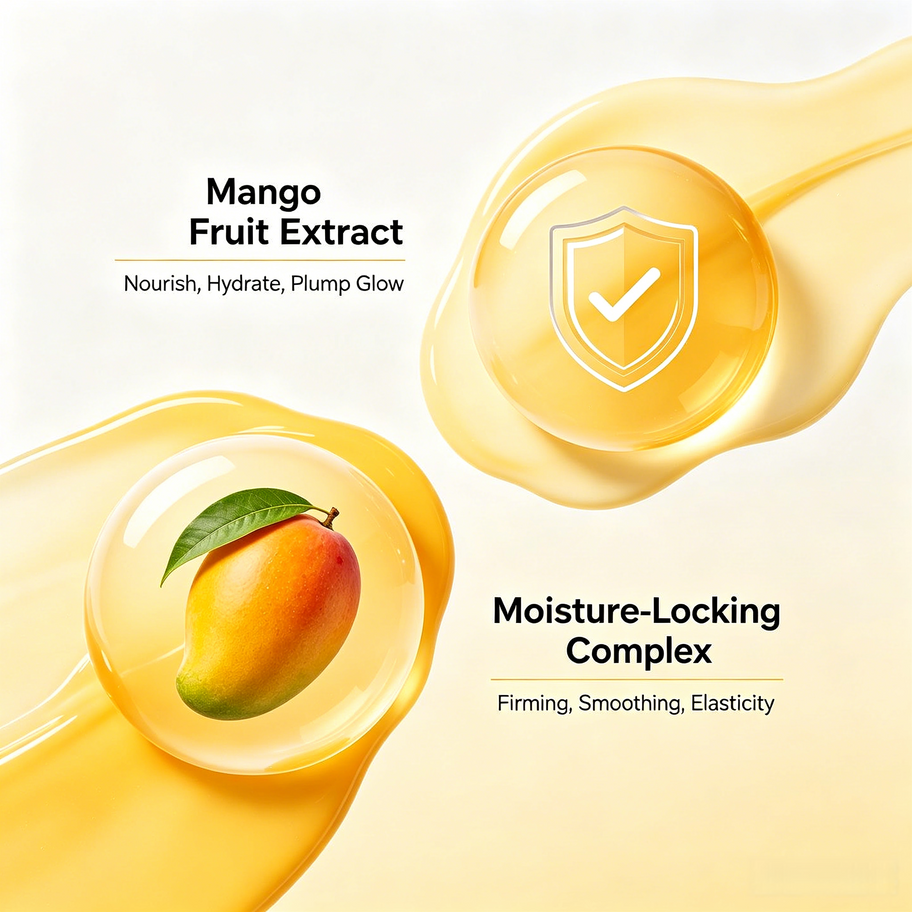 Mango Body Massage Oil ingredients: Mango Fruit Extract for plump glow and Moisture-Locking Complex for firming, smoothing, e