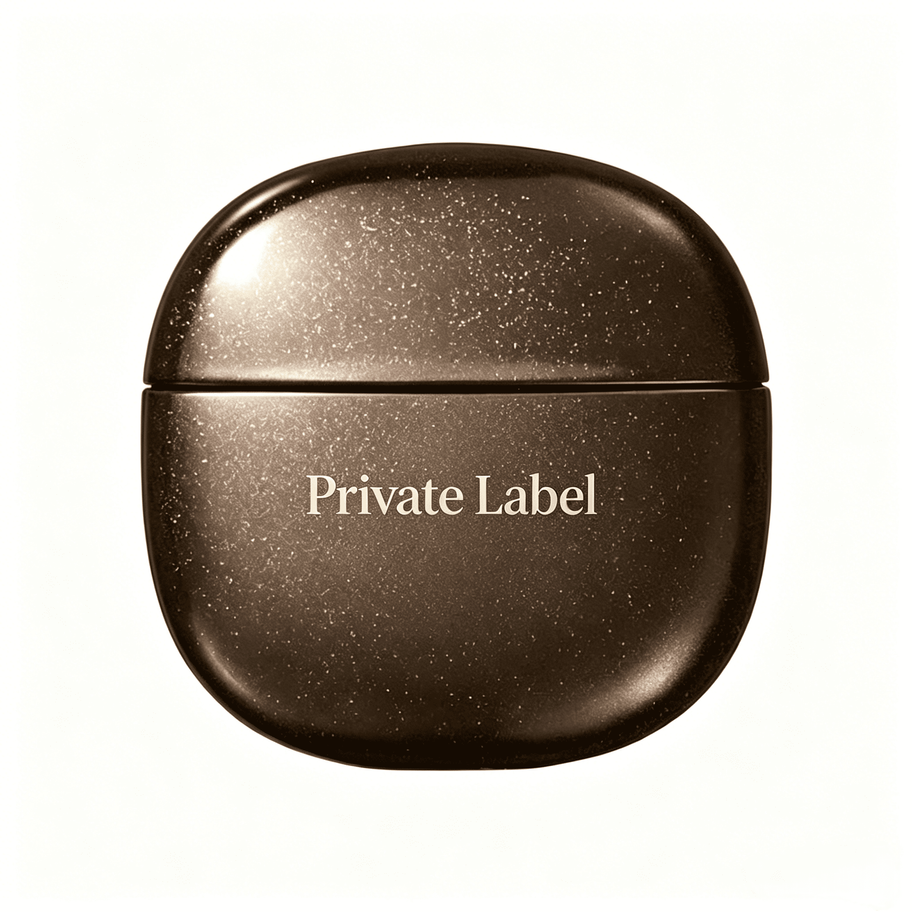 Private Label Protective Essence in a dark speckled jar, showcasing premium packaging for waterproof matte-finish sun care.