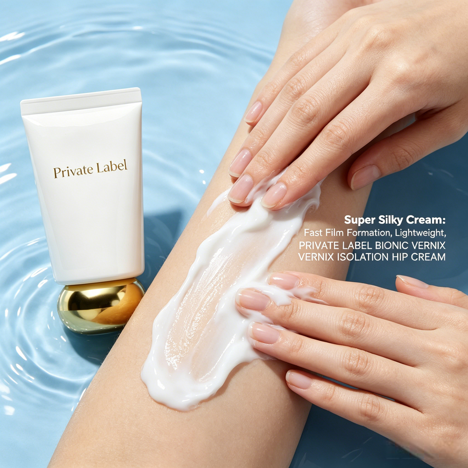 Model applying Bionic Fetal Fat Hip Cream on baby leg, demonstrating super silky cream fast film formation for away from red
