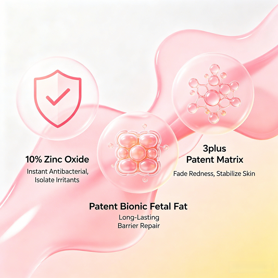 Chart showing Bionic Fetal Fat Diaper Rash Cream: isolate, repair, anti, soothe, stabilize, and silky texture.