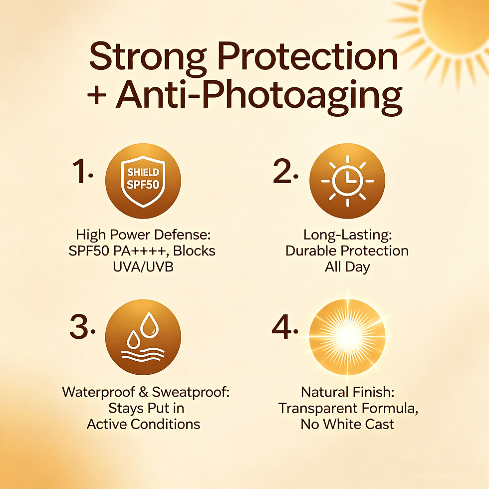 Infographic highlighting SPF50 PA++++ defense, long-lasting protection, waterproof sweatproof, and no white cast finish.