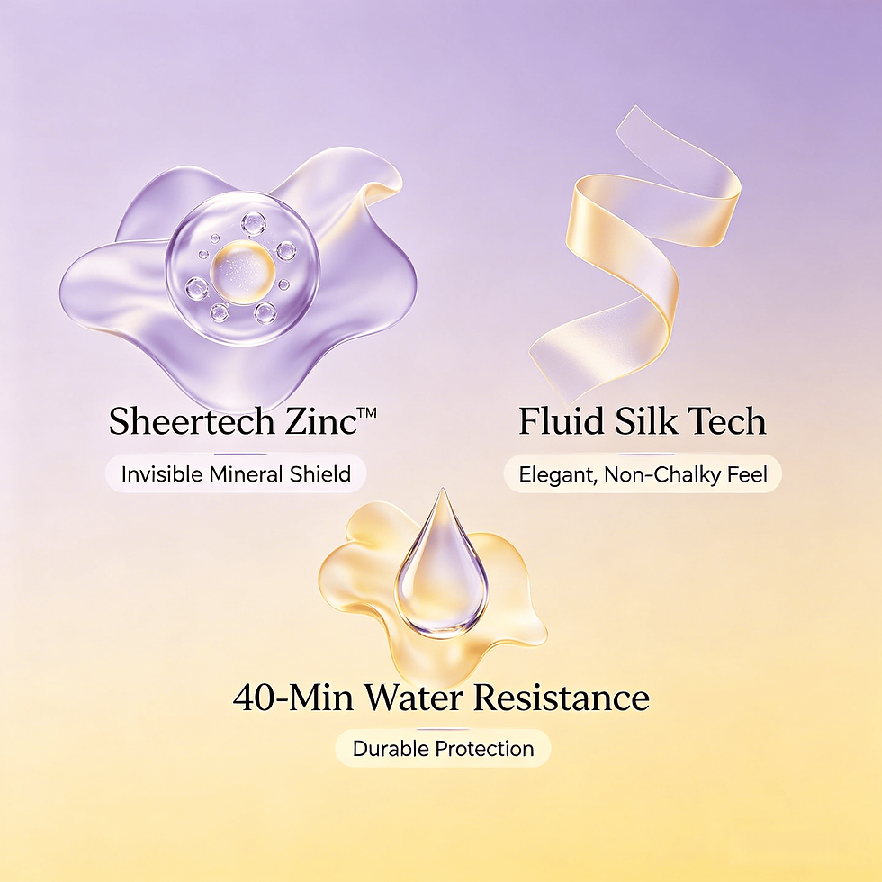 Icons showing Sheertech Zinc invisible mineral shield, fluid silk tech non-chalky feel, and 40-min water resistance protectio