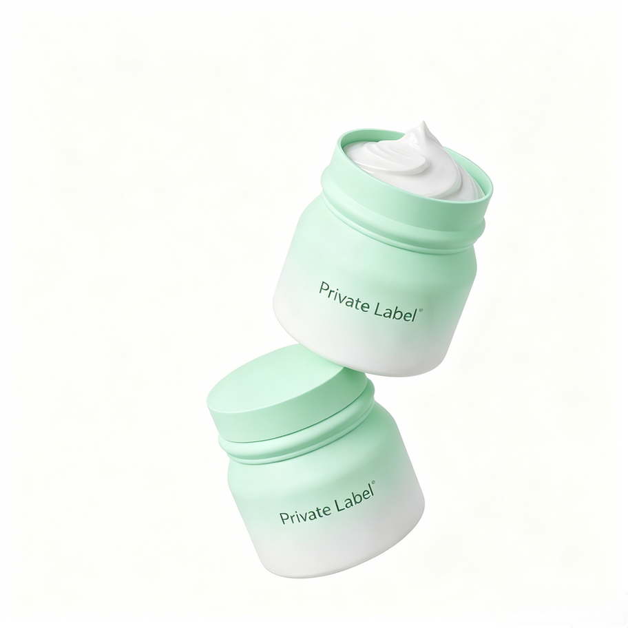Private Label Divine Acyl Protein Hair Mask in green gradient jar, showcasing cloud cream texture for damaged hair repair and