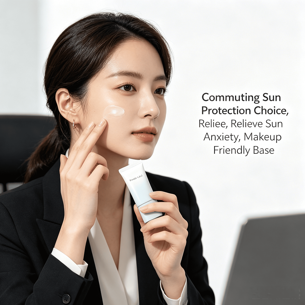 Professional woman applying Private Label sunscreen for commuting, showing makeup friendly base and sun anxiety relief.
