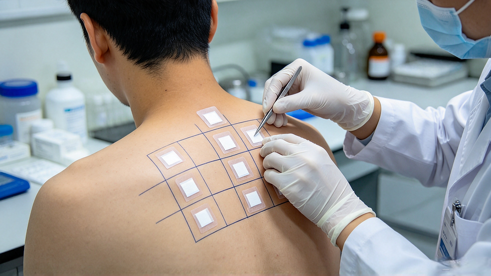 Gloved technician applying occlusion patch chambers to a subject upper back during a patch test.
