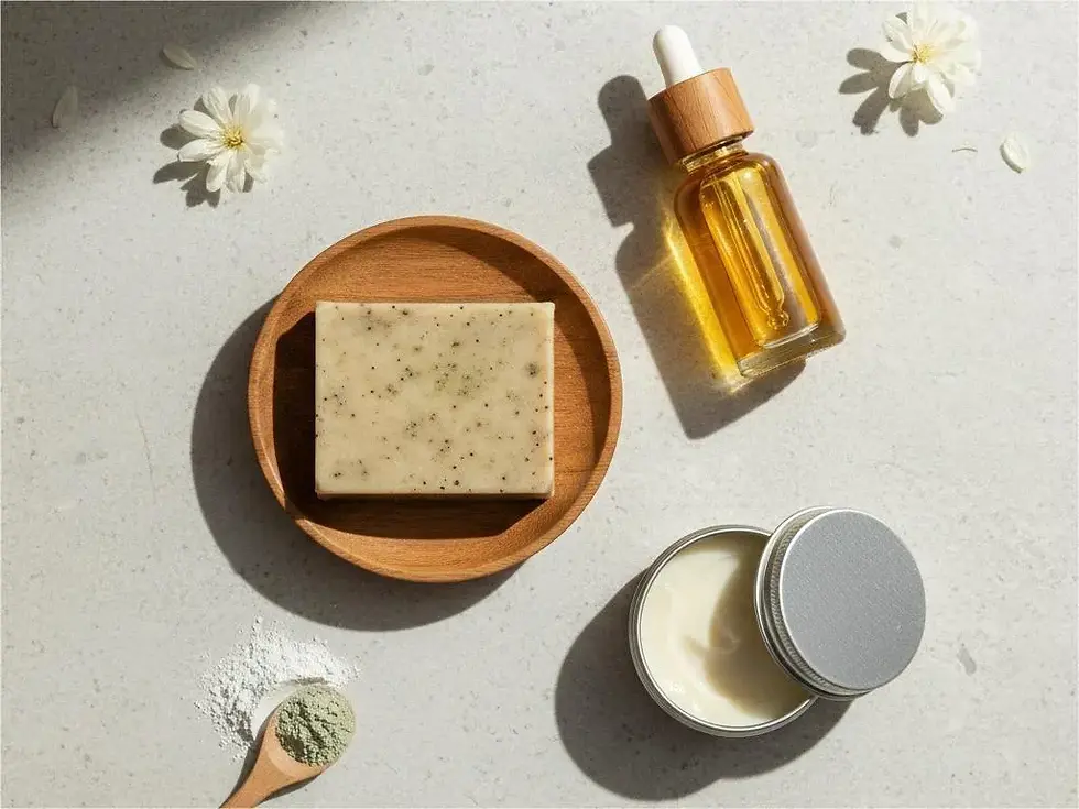 Assortment of waterless skincare formats including solid soap, balm, facial oil, and powder