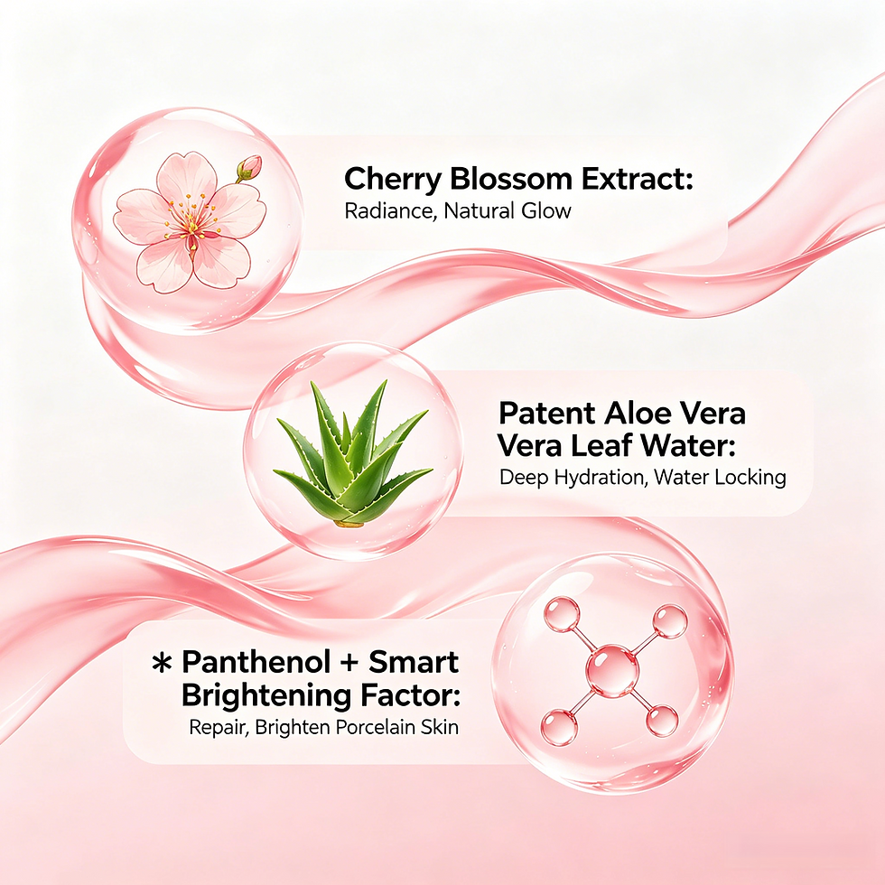 Cherry Blossom Tone-Up Cream ingredients: cherry blossom extract, patent aloe vera water, and panthenol smart brightening fac