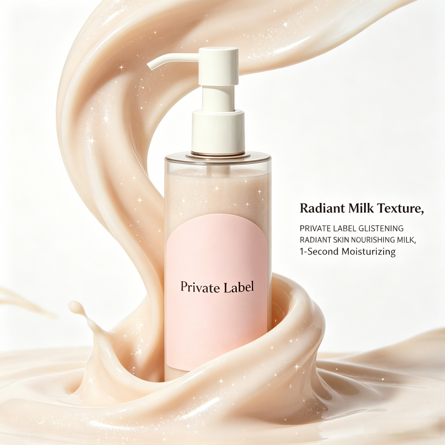 Radiant Glistening Nourishing Lotion showing radiant milk texture with mica shimmer, 1-second moisturizing and glistening ski