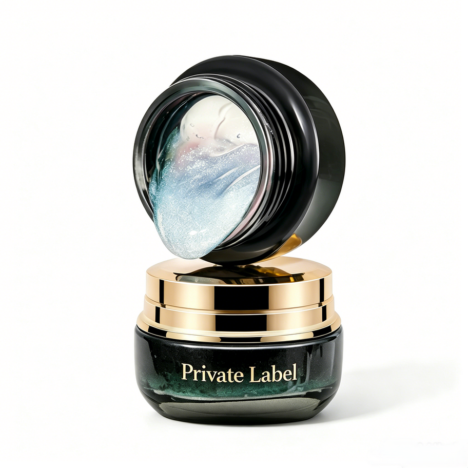Private Label Starry Sky Sleeping Mask in deep blue jar with gold lid, showcasing sparkling blue jelly texture for overnight