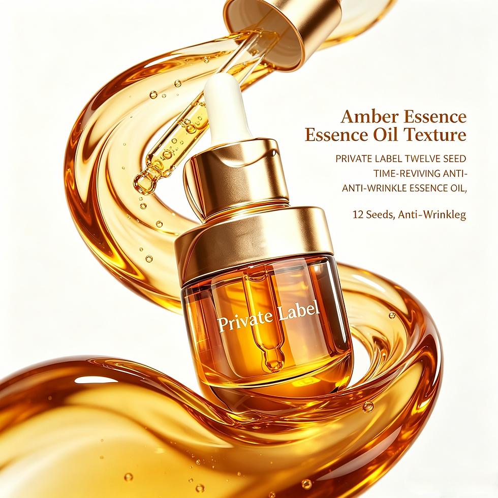 Private Label Twelve Seed Essence Oil showing amber essence oil texture, time-reviving anti-wrinkle, and 12 seeds formula.