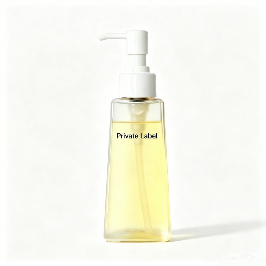 Private Label Orchid Sensitive Makeup Remover Essence in clear rectangular bottle with white pump, showcasing golden yellow e