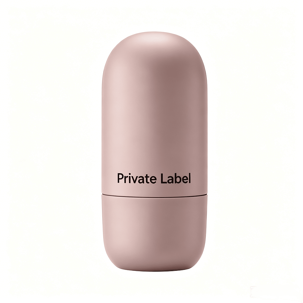 Private Label pink capsule bottle showcasing the sleek luxury packaging design for the whitening sunscreen SPF50+.