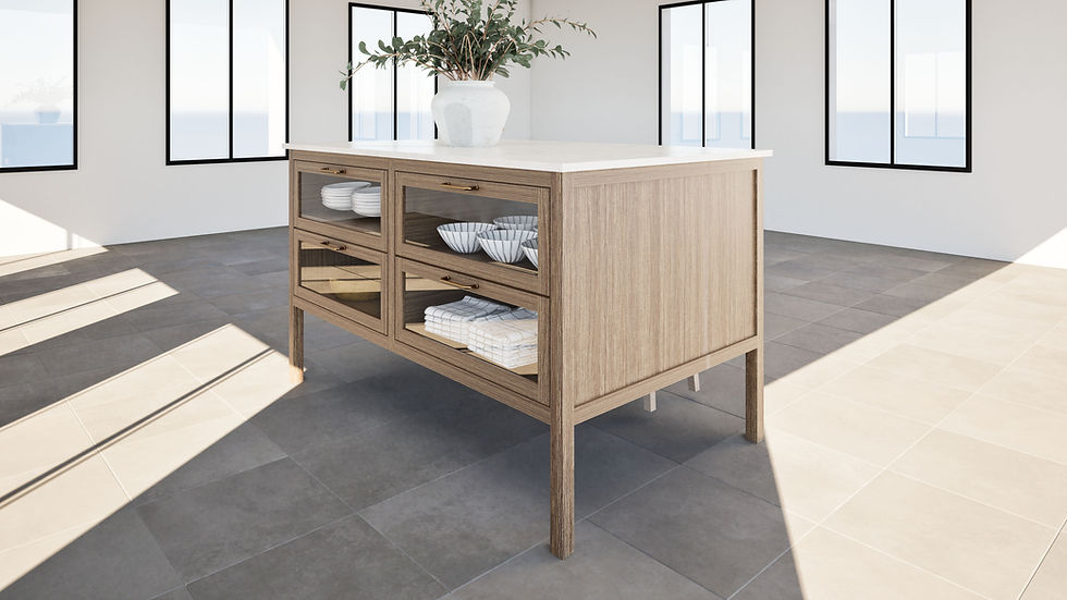 Wooden kitchen island with a vase of plants, sunlit surroundings, tiled floor, and neatly arranged bowls and towels in glass-fronted shelves.