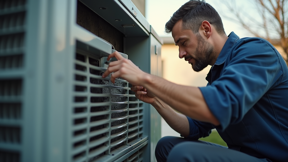 Close-up view of a technician inspecting a residential HVAC unit