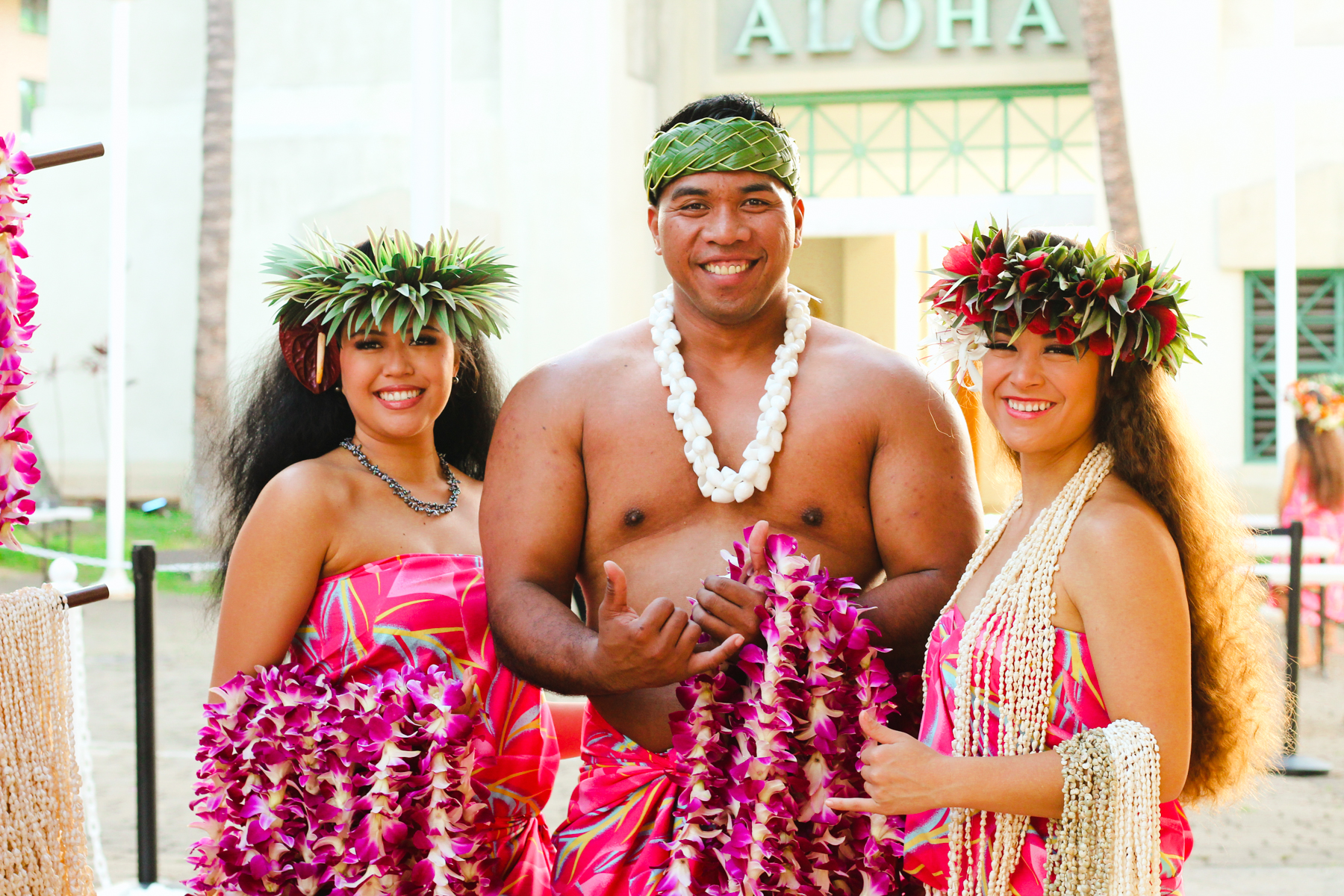 Ka Moana performers with flower lei at Aloha Tower