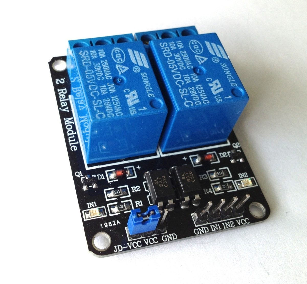 Módulo Relé de 2 canales 5V. Contactos de 10A 250Vac / 30Vdc