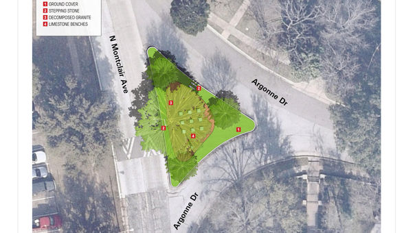 Limestone benches in a 3x3 pattern create a playful, walkable path through the median.