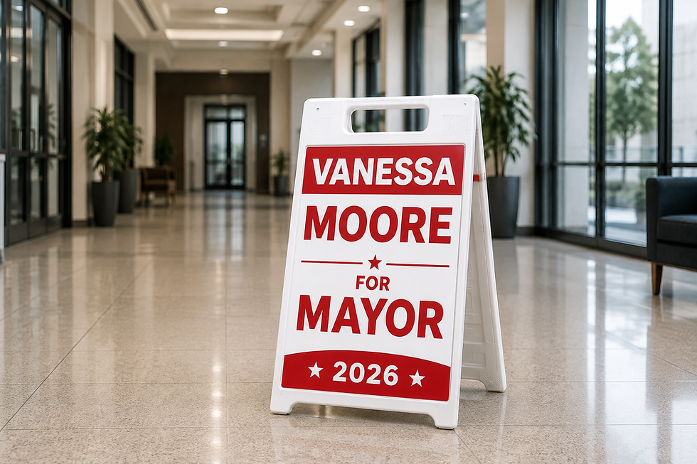 Vanessa Moore for Mayor 2026 campaign sign in a hallway