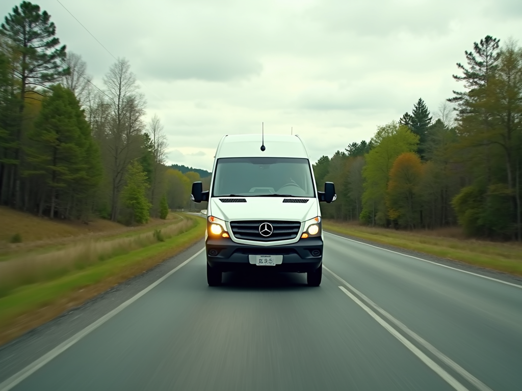 A modern digital mobile computer lab van traveling through a scenic rural road in North Carolina.