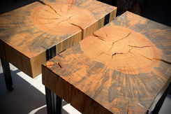 Square 3-Tables. Pine from Pollock Pines, CA. Inlaid steel fabricated legs
