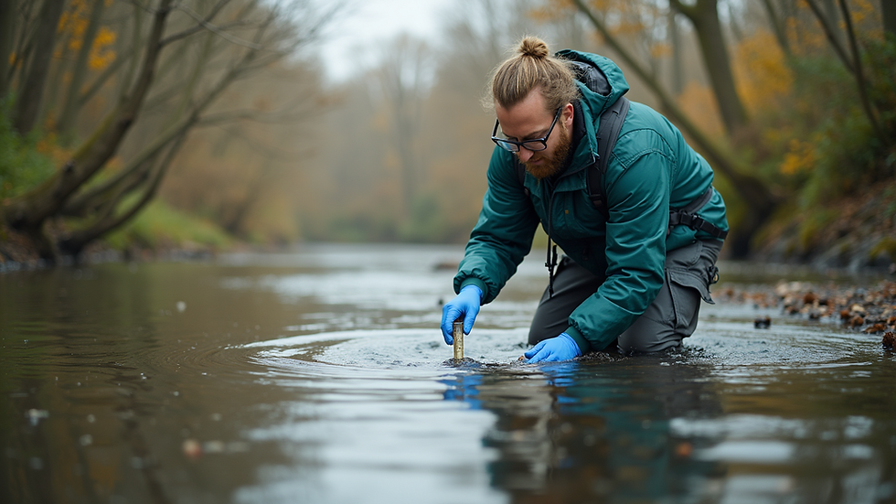Eye-level view of a researcher collecting water samples in a river