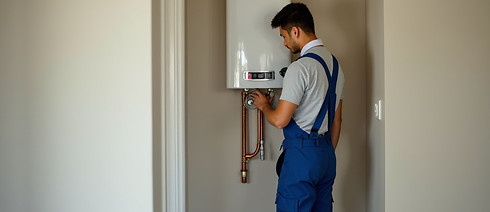 Technician in blue overalls inspecting a wall-mounted boiler
