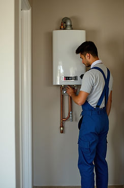 Technician in blue overalls inspecting a wall-mounted boiler.