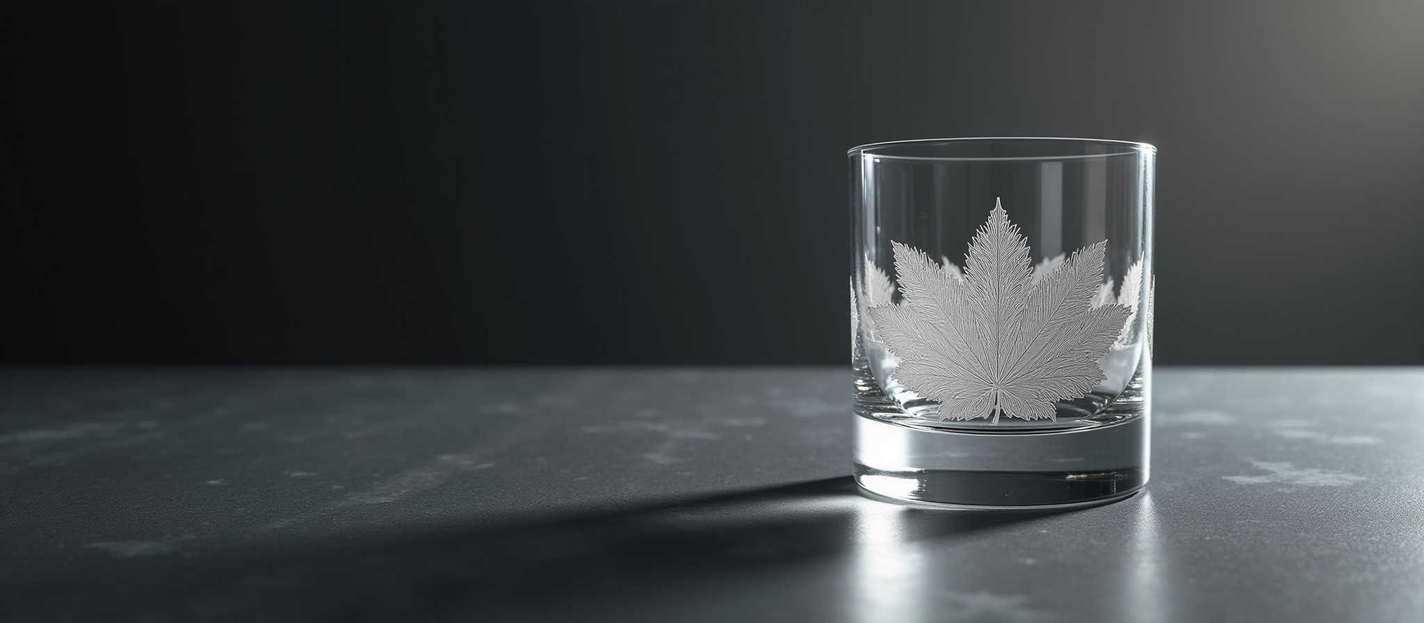 Glass with maple leaf design on the edge, sitting on surface Fabatory.
