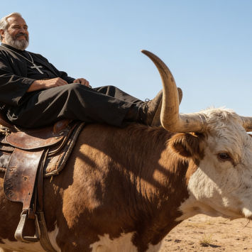 A man in clerical clothing sitting on a longhorn bull