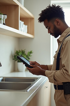 Plumber using tablet by kitchen sink