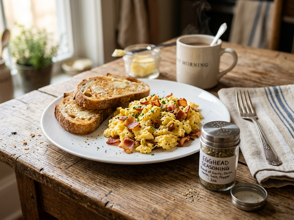 Fluffy scrambled eggs with crispy bacon and Egg Seasoning