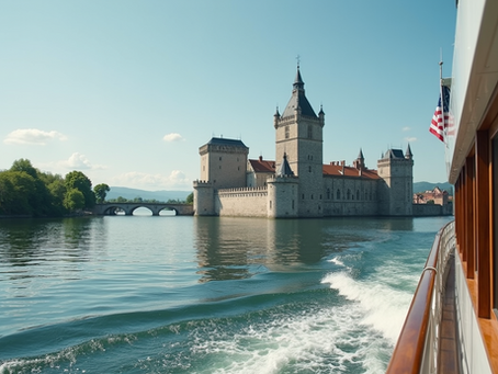 A scenic view from the deck of a river cruise ship sailing the Rhine River in Germany. The right side of the frame shows the ship's wooden railing and wood-framed windows. In the distance, a grand, multi-towered stone castle sits directly on the water under a clear blue sky, with a stone arched bridge and lush green trees visible to the left